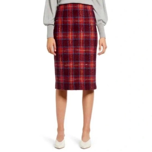Halogen Tweed Plaid Colorful wool blend pencil midi skirt Autumn Fall 70s Vibe - Picture 1 of 6